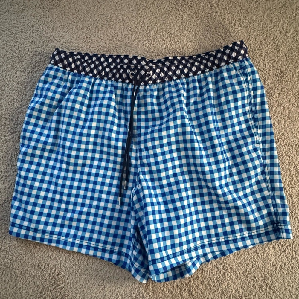 Lands End Blue Gingham Swim Trunks